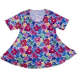 LuLaRoe Womens Top XL Perfect T Tunic White Pink‎ Blue Green Floral Garden NWT